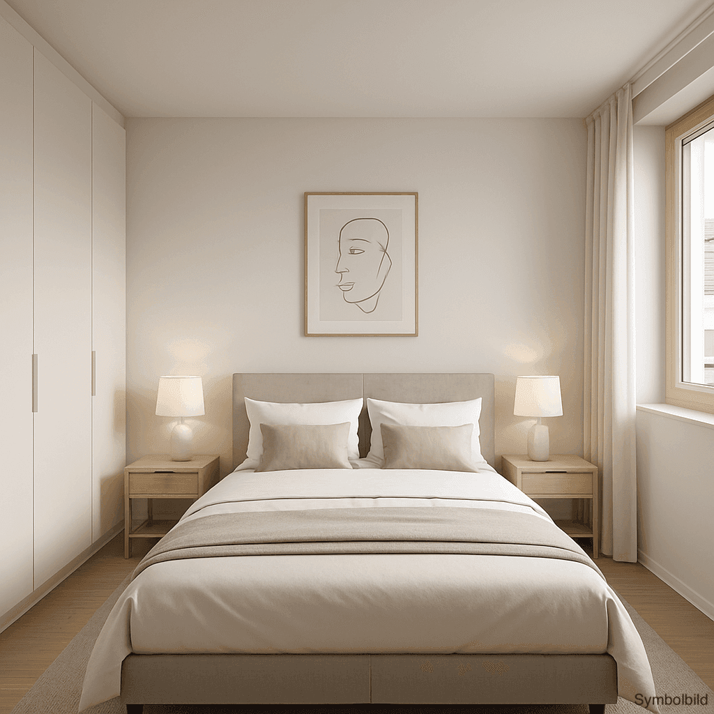 Helles Schlafzimmer mit Doppelbett, Nachttischen, Einbauschränken und großem Fenster.