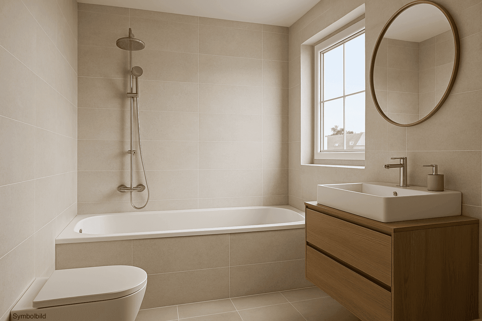 Modernes Badezimmer mit beigefarbenen Fliesen, Badewanne, Dusche und Holzwaschtisch mit Fenster.