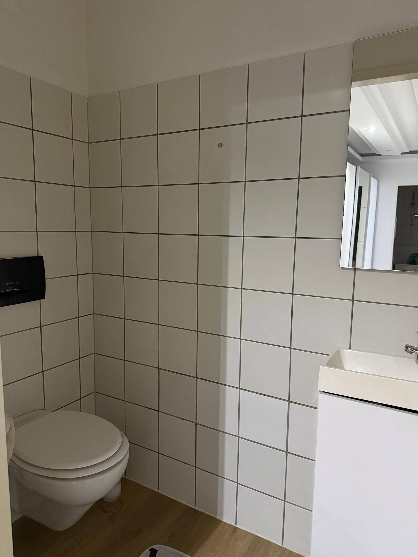 Separates WC mit wandmontierter Toilette, Waschbecken und weißen Fliesen.