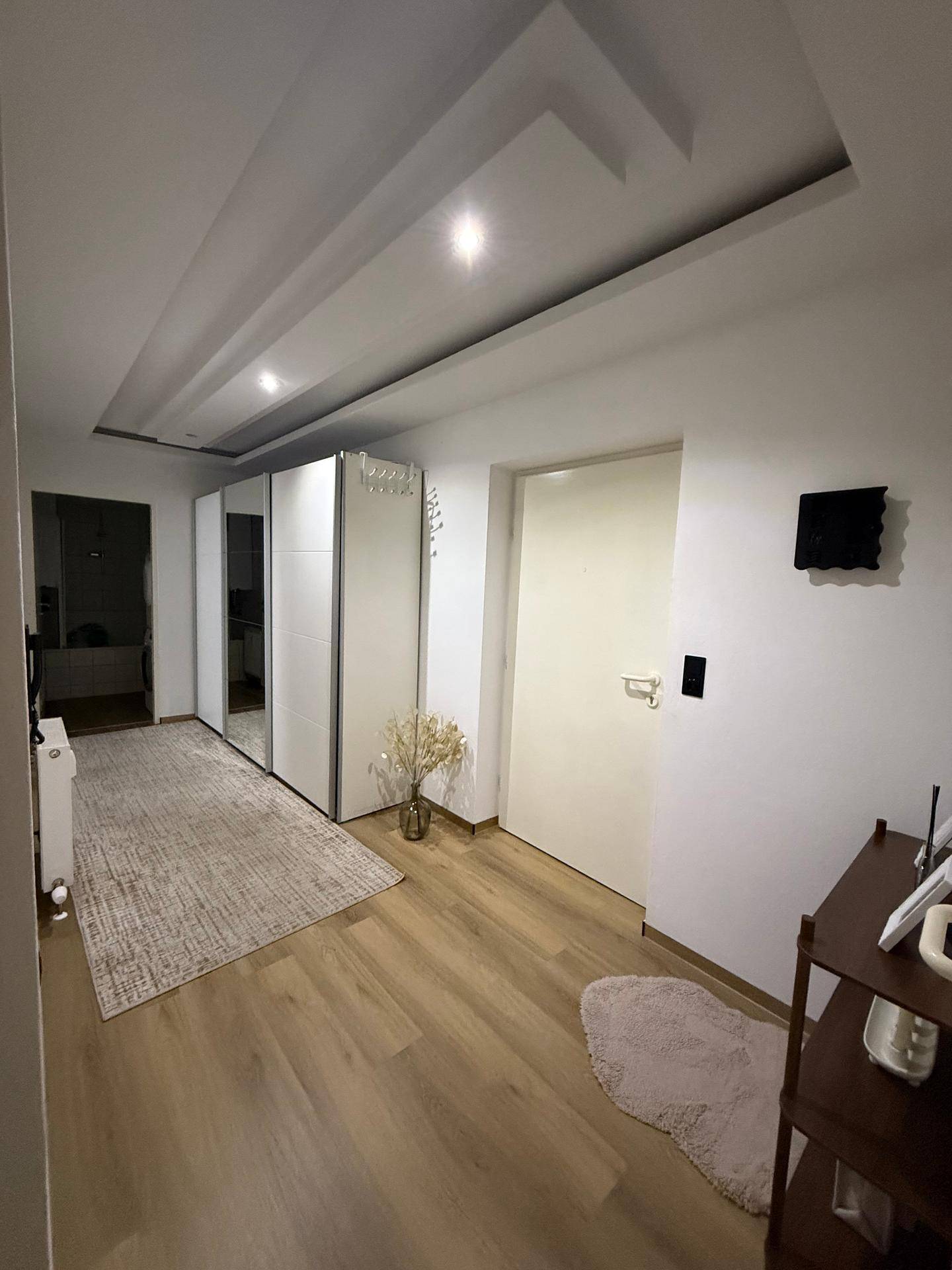 Geräumiger Flur mit Einbauschränken, Holzboden und moderner Deckenbeleuchtung.