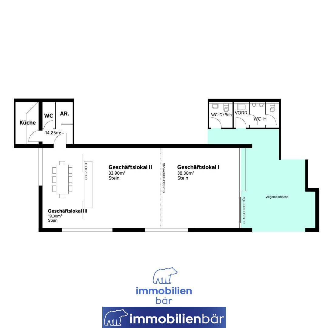 Grundrissplan mit drei Geschäftslokalen, einer Küche und mehreren Toilettenbereichen.