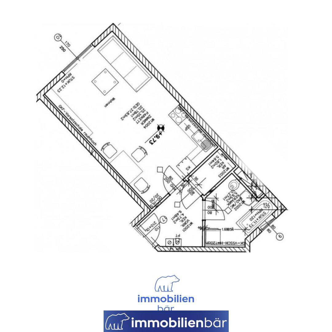 Grundriss einer Wohnung mit offenem Wohnbereich, Küche, Bad und separatem WC.
