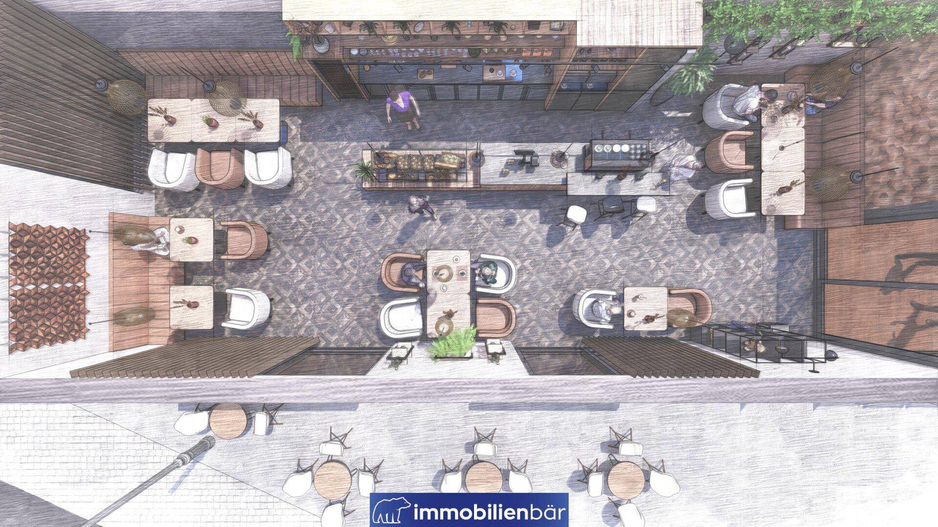 Skizzierter Grundriss eines Cafés mit Innen- und Außenbereichen, Tischen und einer zentralen Bar.