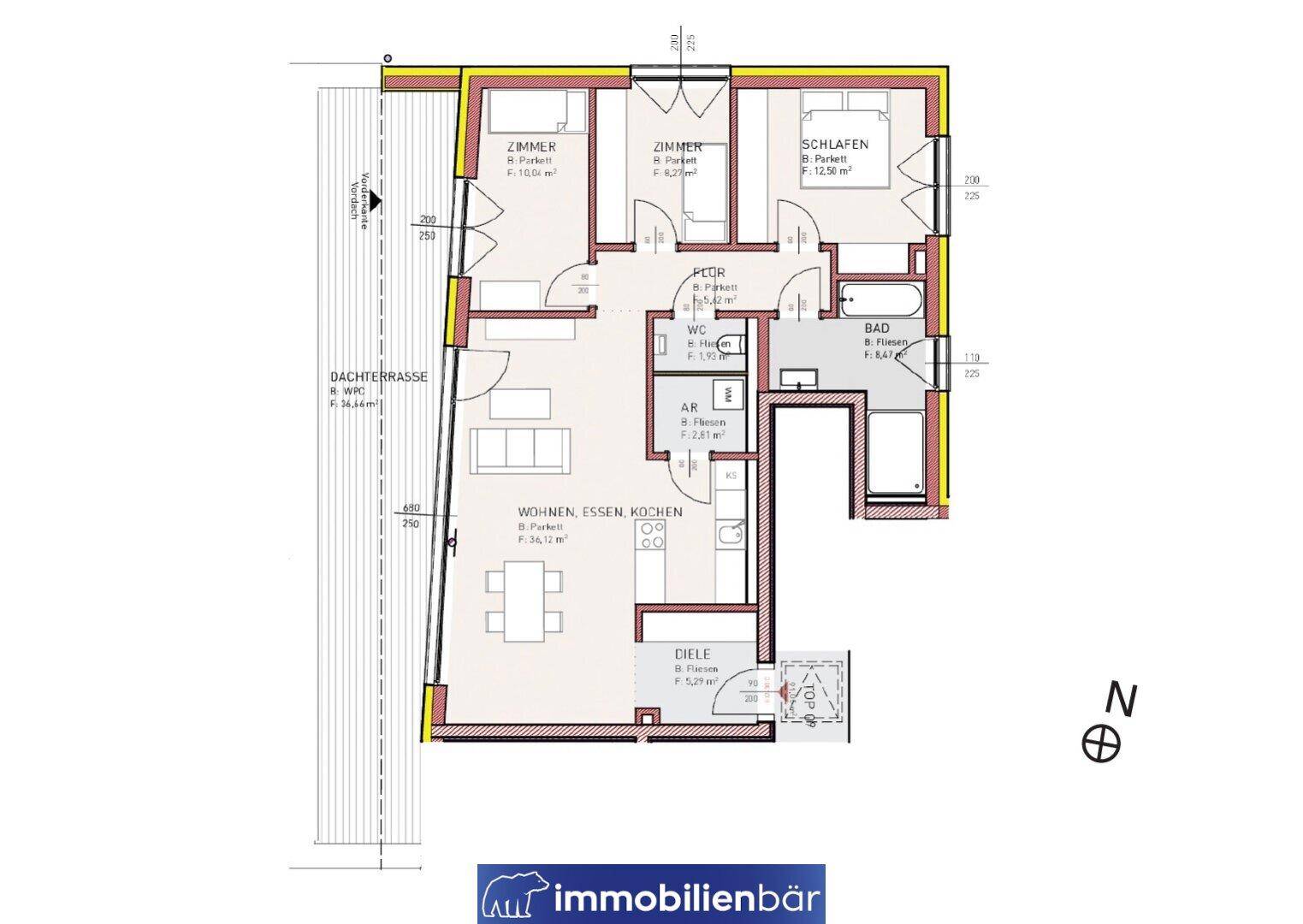 Übersichtlicher Grundriss einer Wohnung mit großer Dachterrasse, offenem Wohn-Essbereich und drei Zimmern.