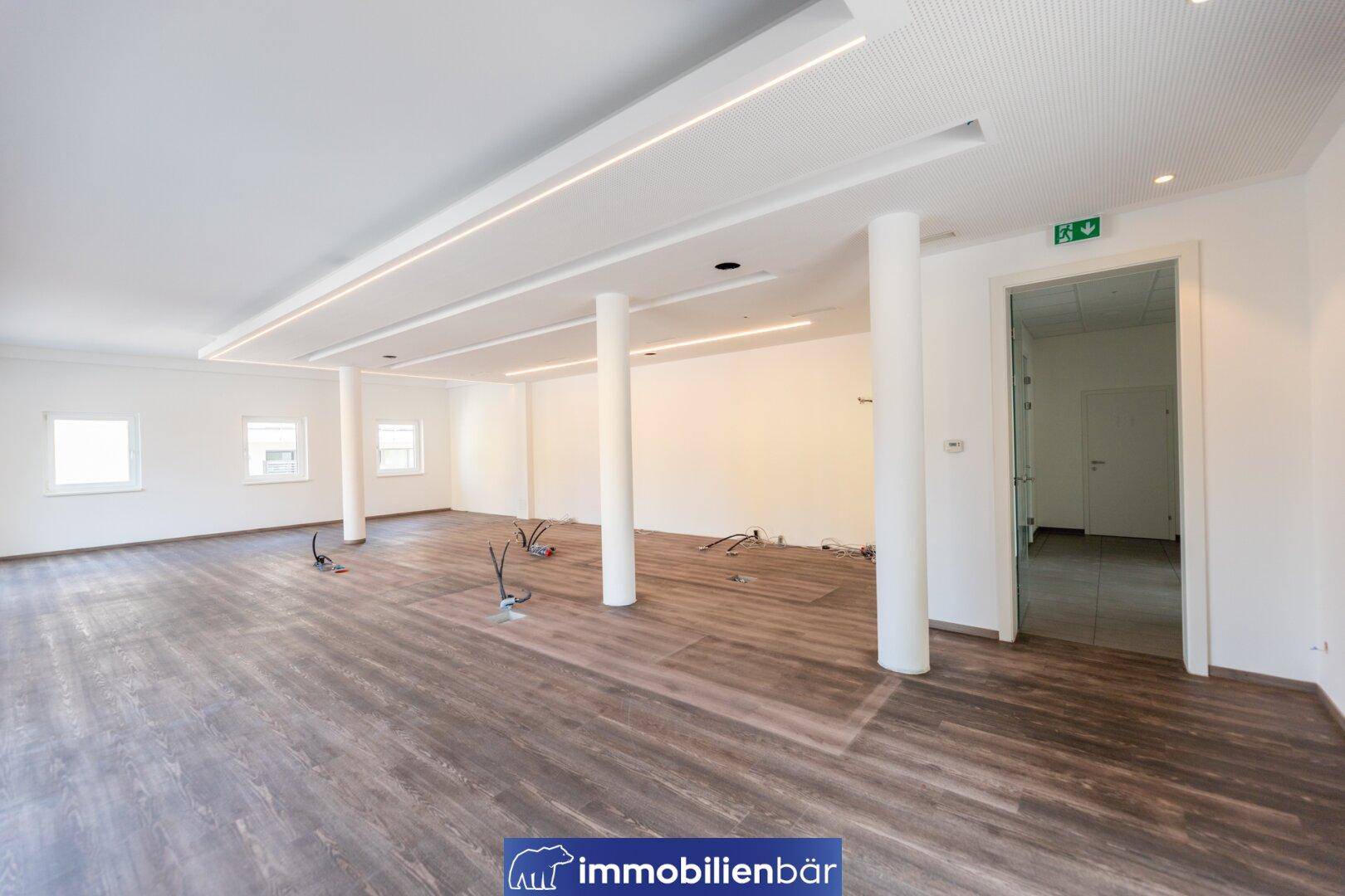 Heller, offener Gewerberaum mit Säulen, modernen Deckenleuchten und dunklem Laminatboden, bereit für den Ausbau.