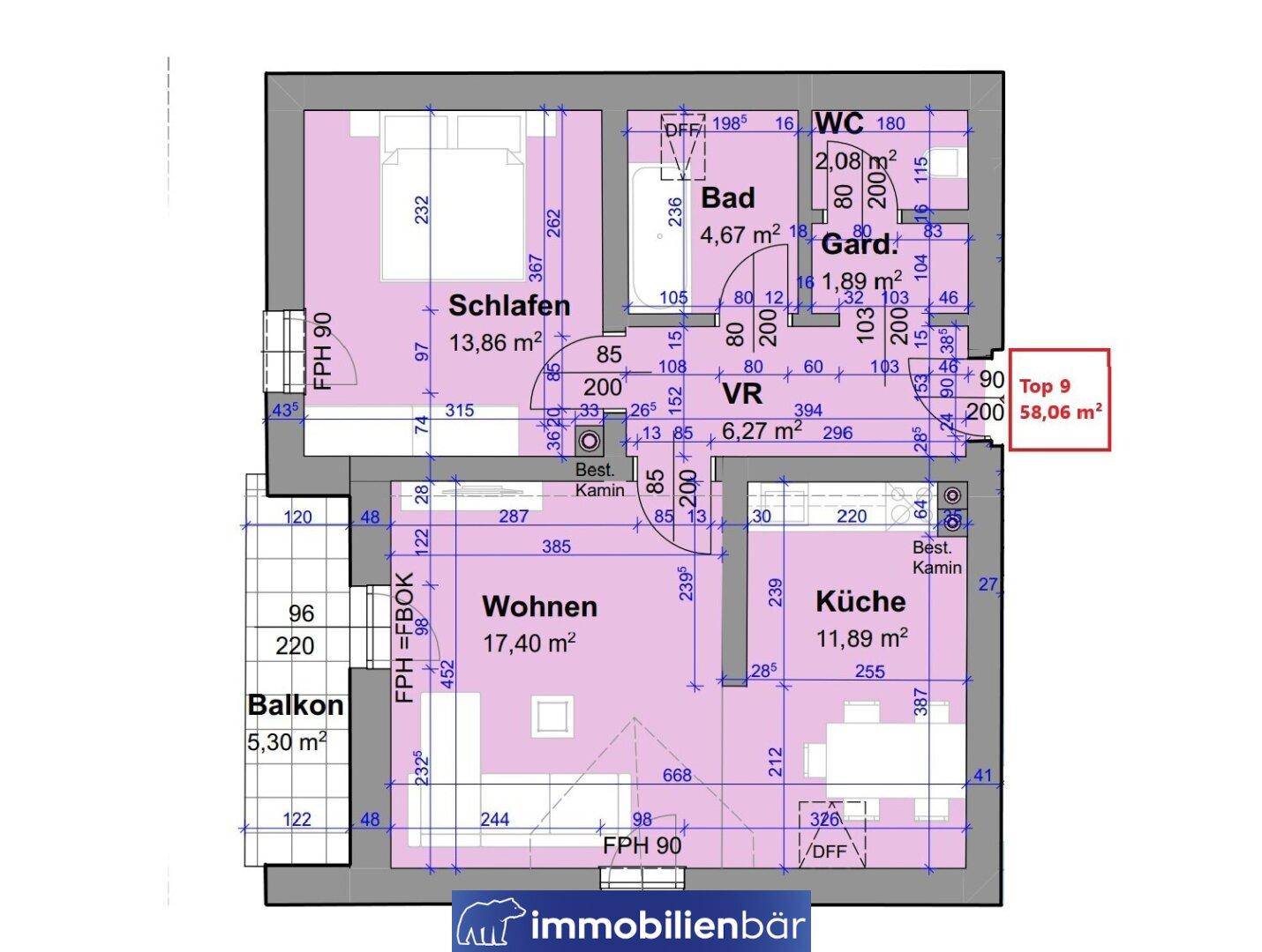 Grundriss einer Wohnung mit Schlafzimmer, Wohnbereich, Küche, Bad und Balkon.