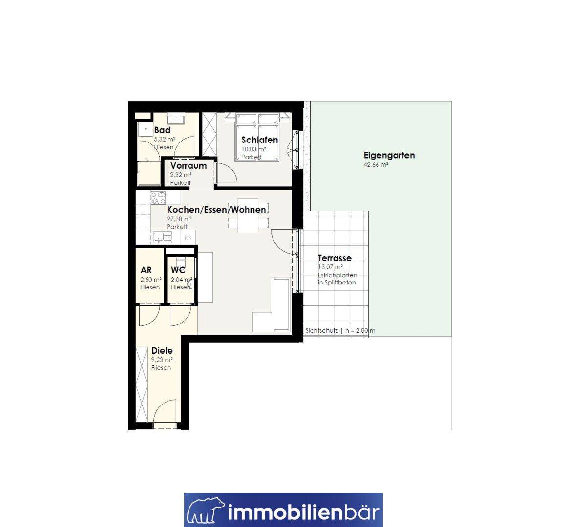 Grundriss einer Wohnung mit Bad, Schlafzimmer, Küche/Essen/Wohnen, Terrasse und Eigengarten.