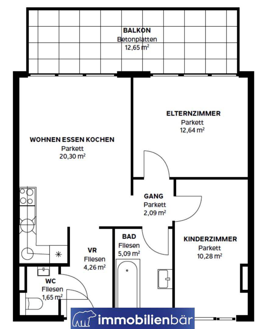 Grundriss einer Wohnung mit Wohn-Ess-Kochbereich, Schlafzimmern und Balkon.