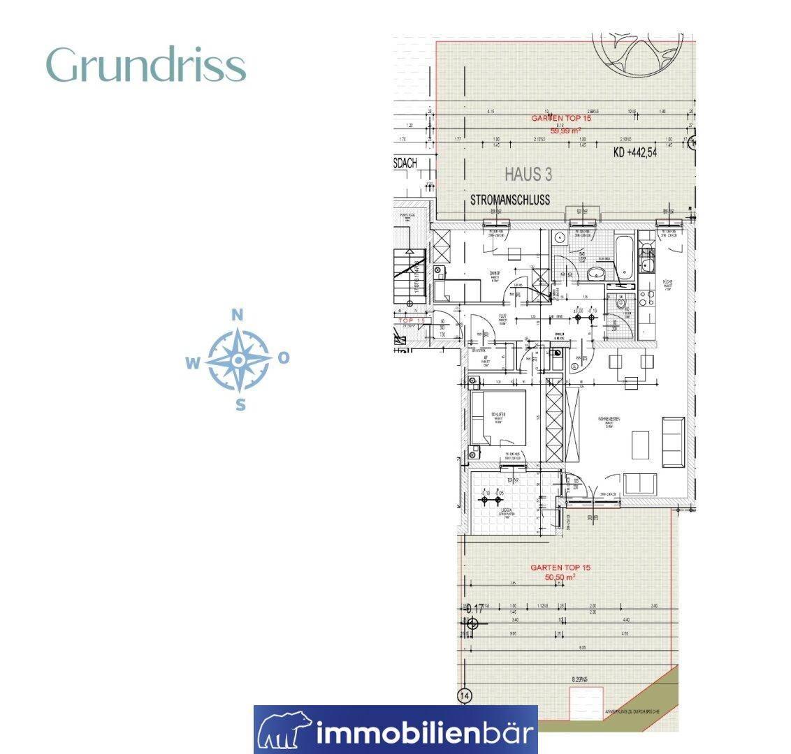 Detaillierter Grundrissplan einer Wohneinheit mit Raumaufteilung und Gartenbereichen.
