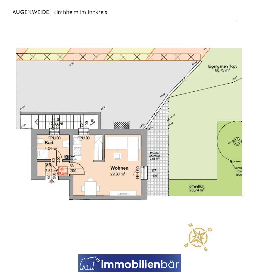 Grundriss mit offenem Wohnbereich, Badezimmer und Zugang zum eigenen Garten.