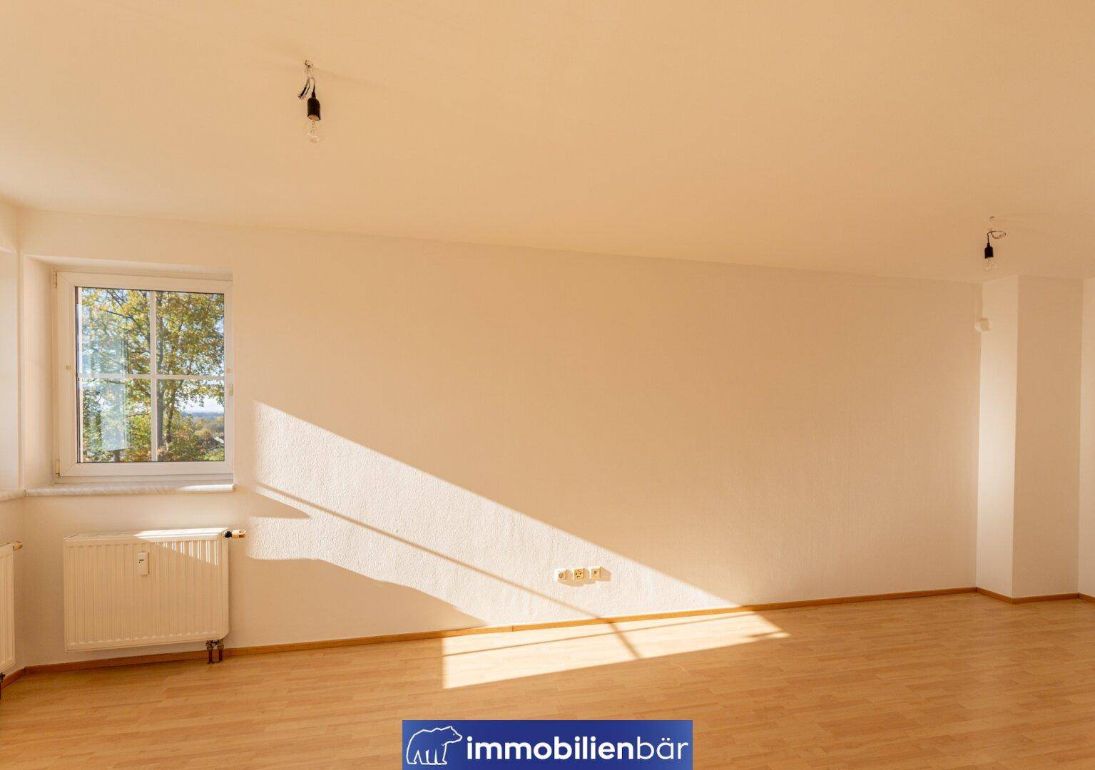 Leerer, heller Raum mit Holzfußboden und großem Fenster, bereit zum Einzug.