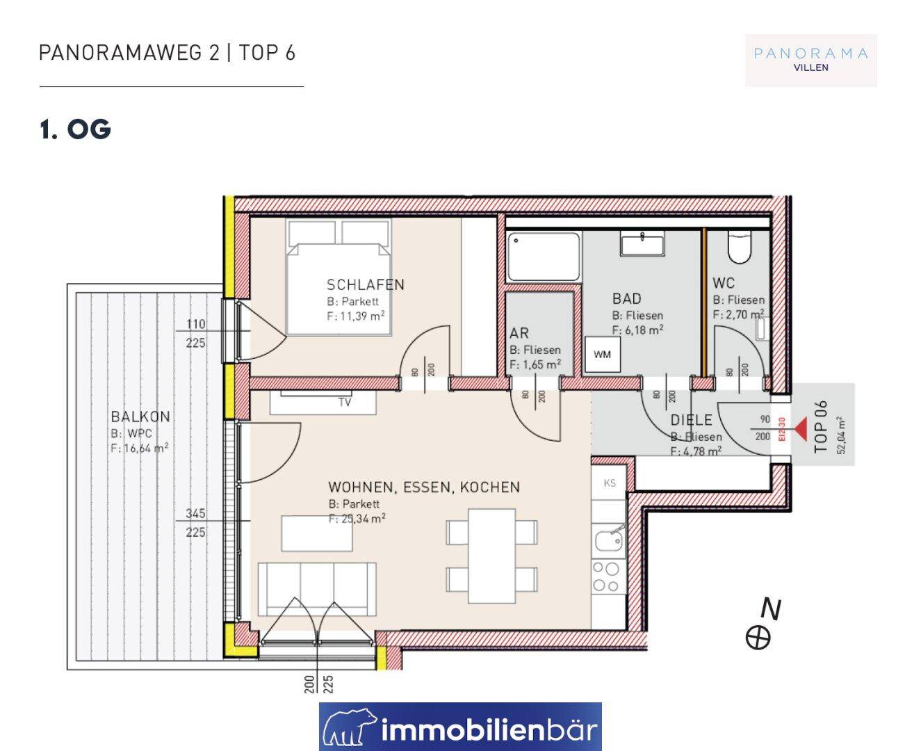 Grundriss der Wohnung Top 6 im ersten Obergeschoss mit Balkon und offenem Wohnbereich.