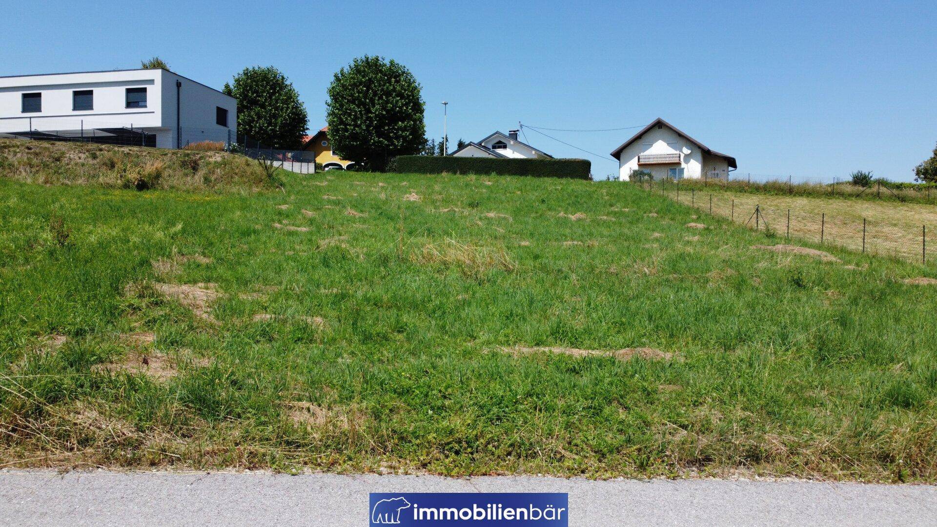 Grüne Hanglage eines Grundstücks mit Hecke und verschiedenen Wohnhäusern im Hintergrund unter blauem Himmel.
