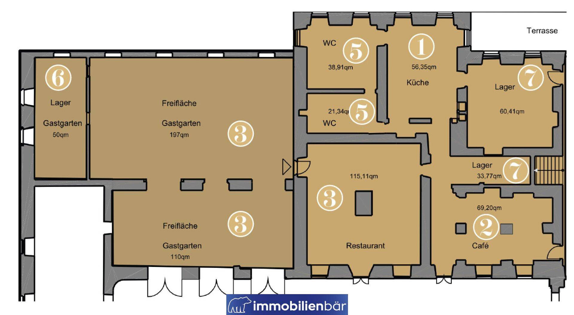 Grundriss des Erdgeschosses mit Restaurant, Café, Lagerflächen und mehreren Gastgärten.