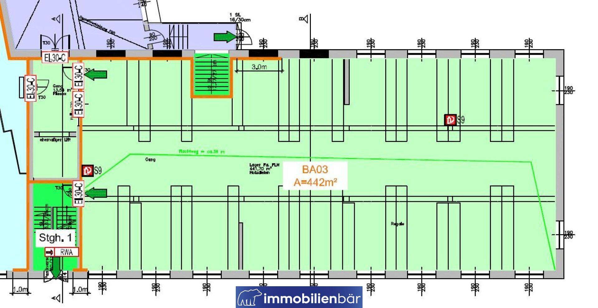 Grundrissplan einer großen Lagerfläche von 442m² mit Treppenhaus und Unterteilungsmöglichkeiten.