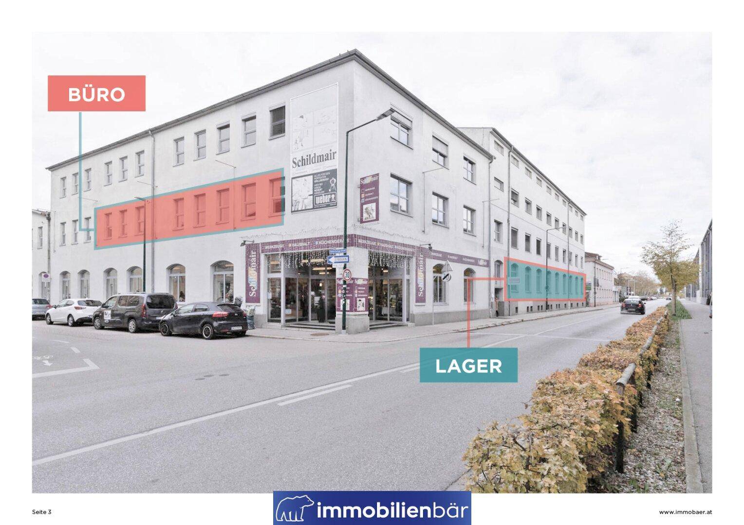 Außenansicht eines Eckgebäudes an einer belebten Straße, mit hervorgehobenen Büro- und Lagerbereichen.
