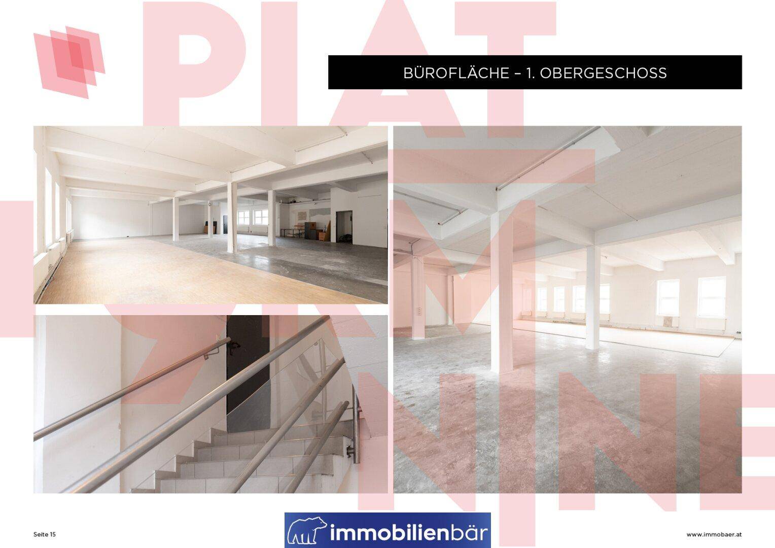 Collage zeigt offene Büroflächen im ersten Obergeschoss mit Betonböden und eine Treppe mit Metallgeländer.