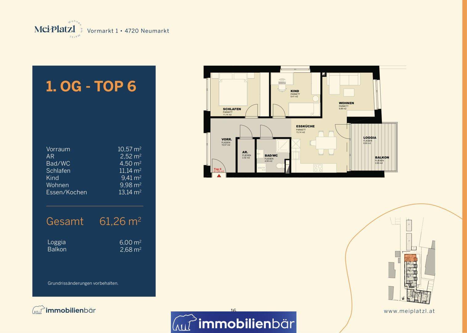Grundriss der Wohnung Top 6 im ersten Obergeschoss mit Loggia und Balkon.