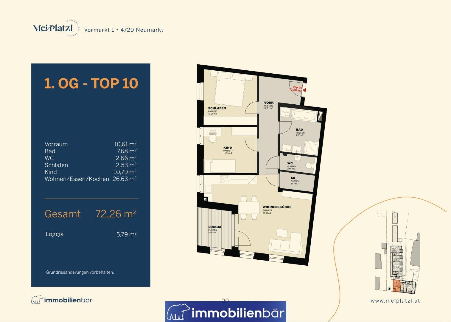 Grundriss der Wohnung Top 10 im ersten Obergeschoss mit Loggia und separatem WC.