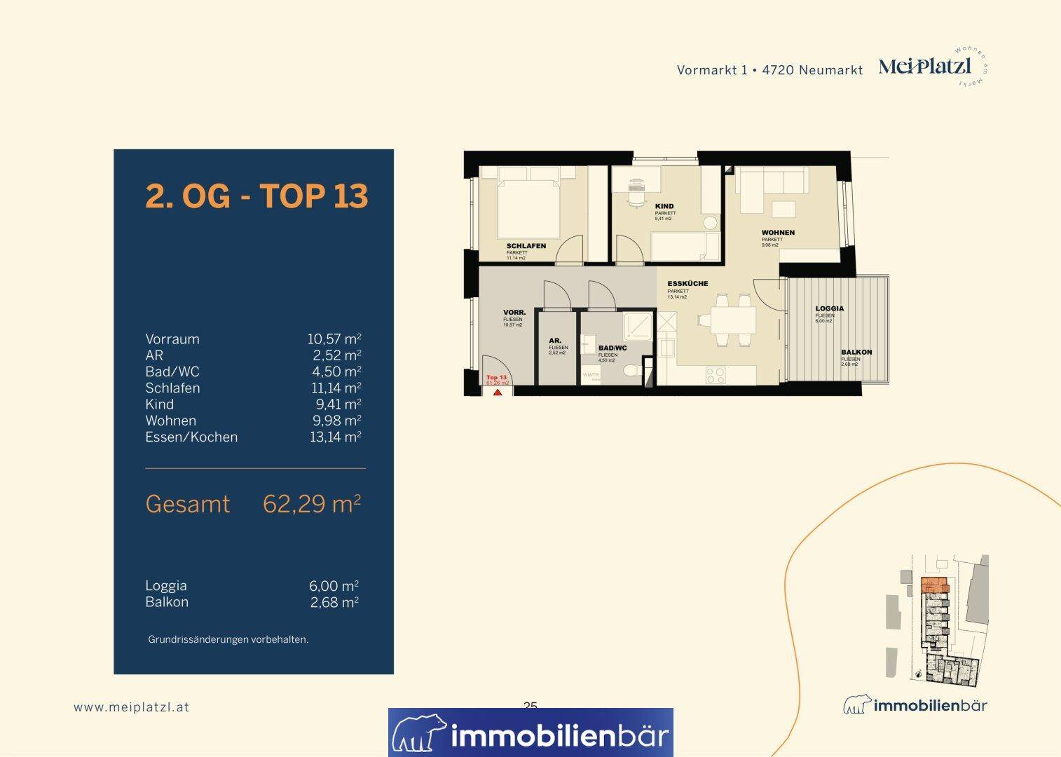 Grundriss der Wohnung Top 13 im 2. Obergeschoss mit Loggia und Balkon, Gesamtfläche 62,29 m².
