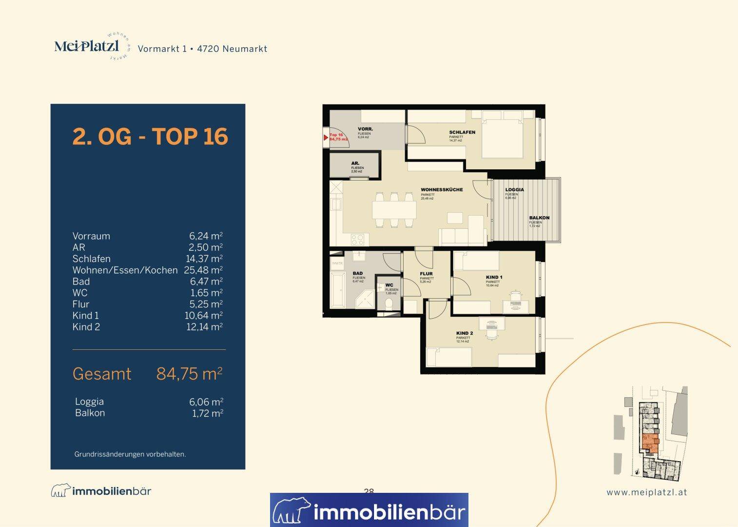 Grundriss der Wohnung Top 16 im 2. Obergeschoss mit Loggia und Balkon.
