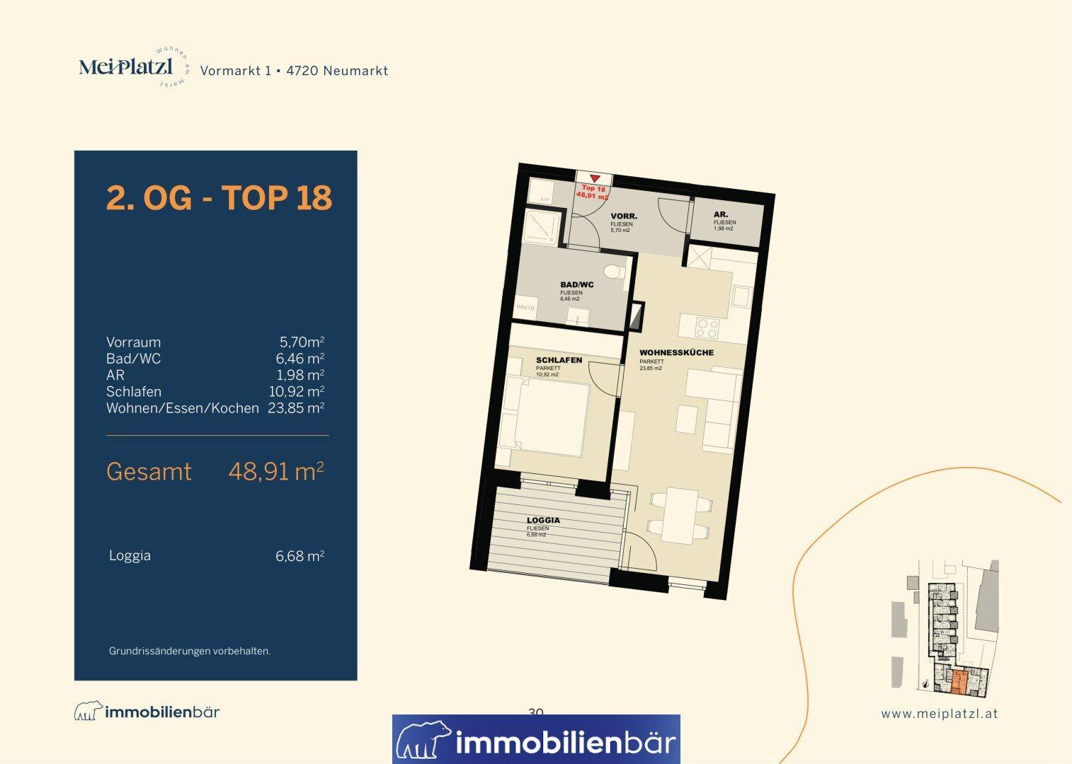 Grundriss der Wohnung Top 18 im 2. Obergeschoss mit Wohnküche, Schlafzimmer und Loggia.