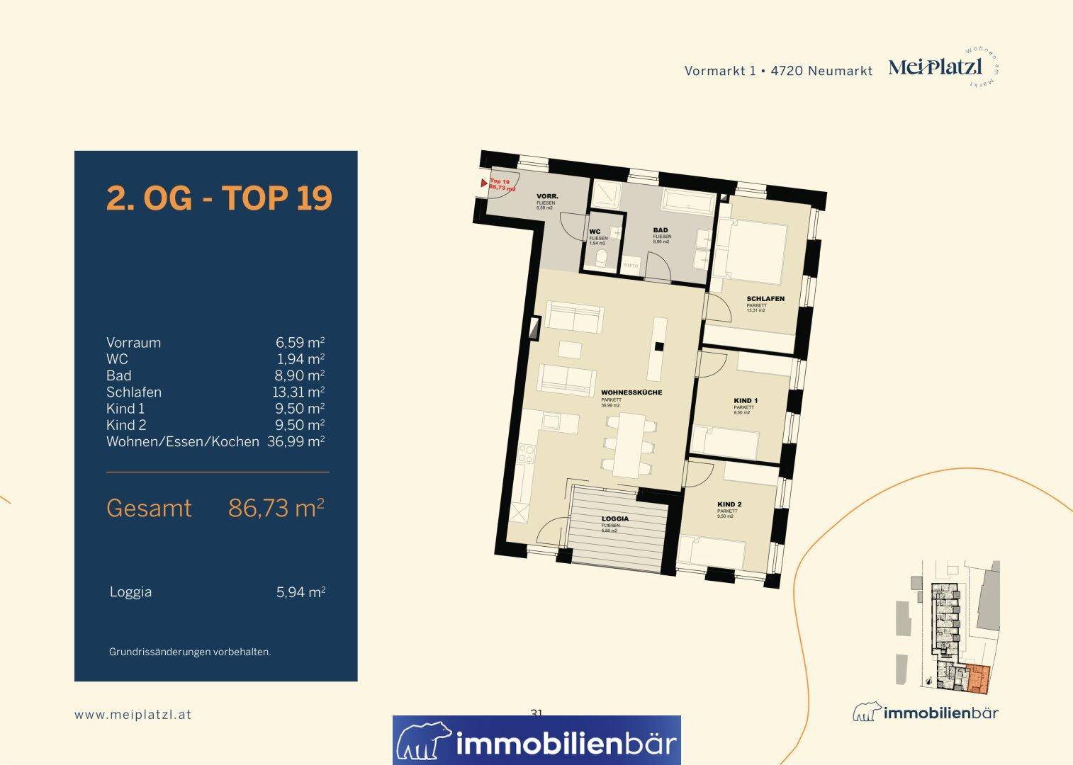 Grundriss der Wohnung Top 19 im 2. Obergeschoss mit drei Schlafzimmern und Loggia.