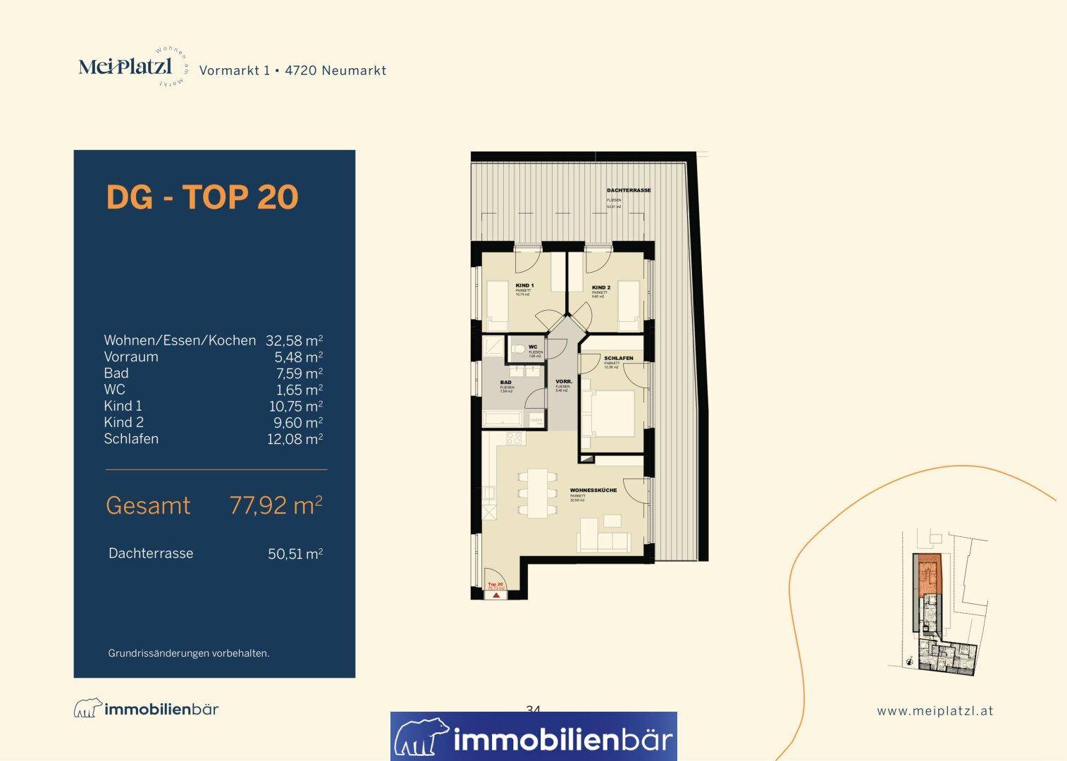 Grundriss der Dachgeschosswohnung DG-TOP 20 mit Wohn-/Ess-/Kochbereich und Dachterrasse.