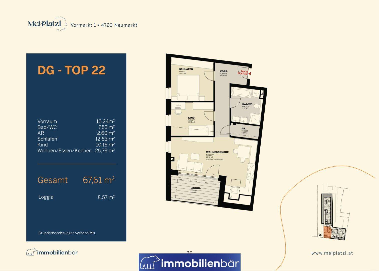 Grundriss der Wohnung DG - TOP 22 mit zwei Schlafzimmern, Bad und offener Wohnküche.