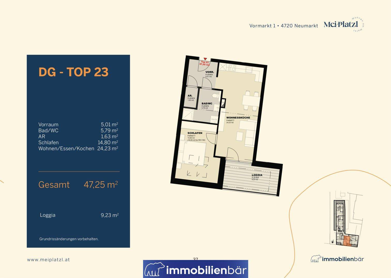 Grundriss der Wohnung DG - TOP 23 mit einem Schlafzimmer, Wohnküche und Loggia.