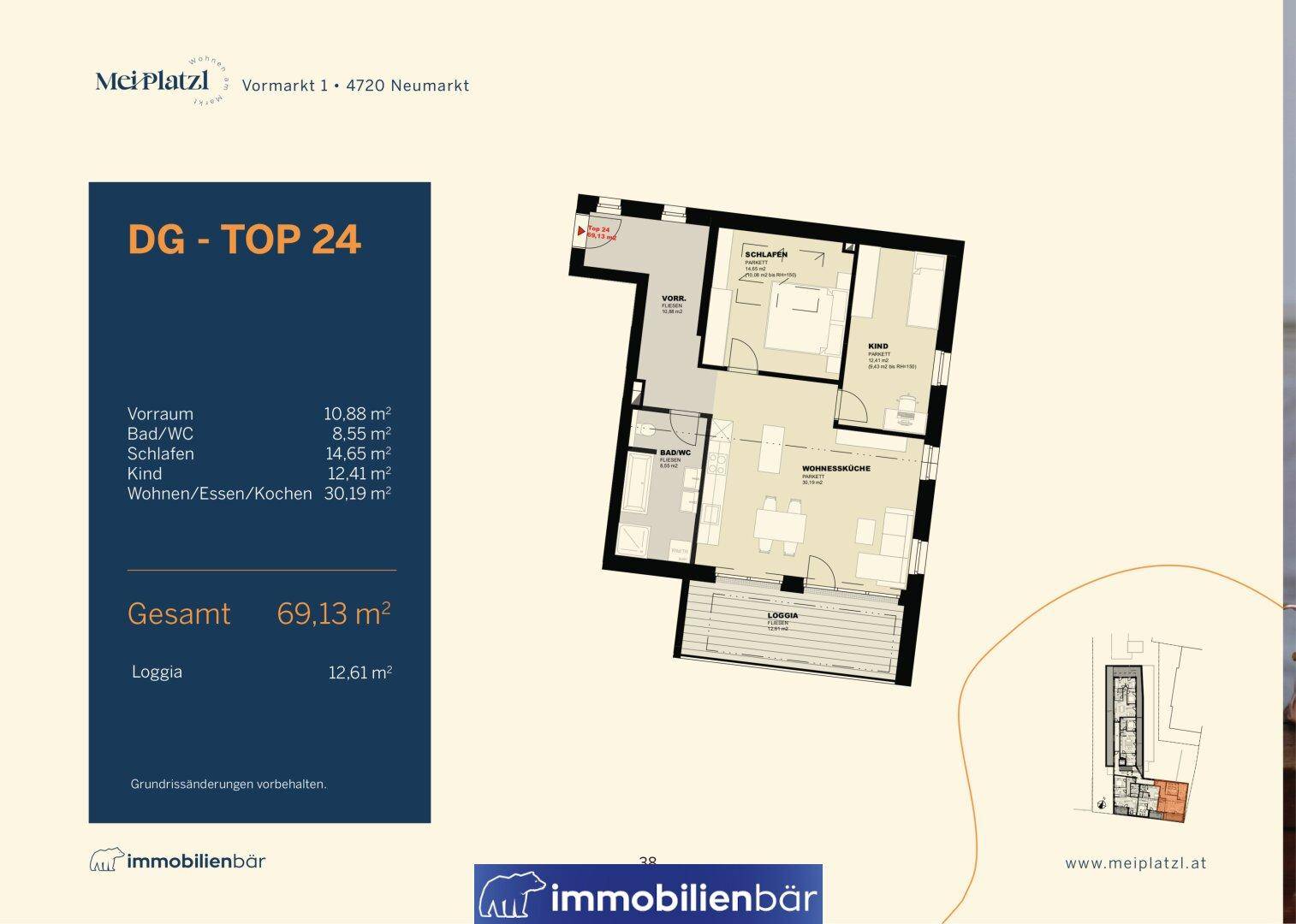 Grundriss der Dachgeschosswohnung Top 24 mit Loggia, Schlafzimmer und offenem Wohnbereich.
