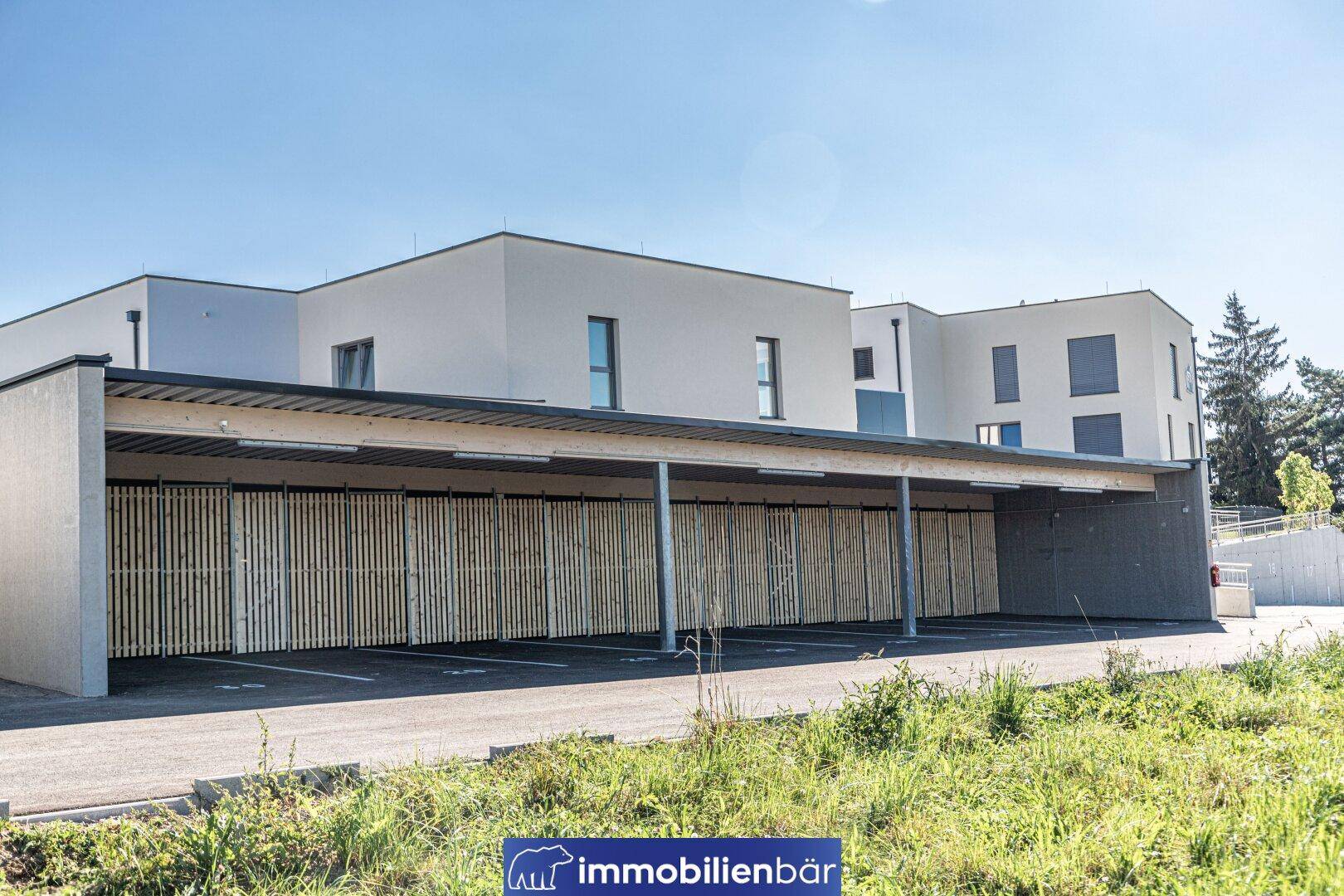 Überdachter Carport mit mehreren Stellplätzen und Holzlamellen an der Seite.