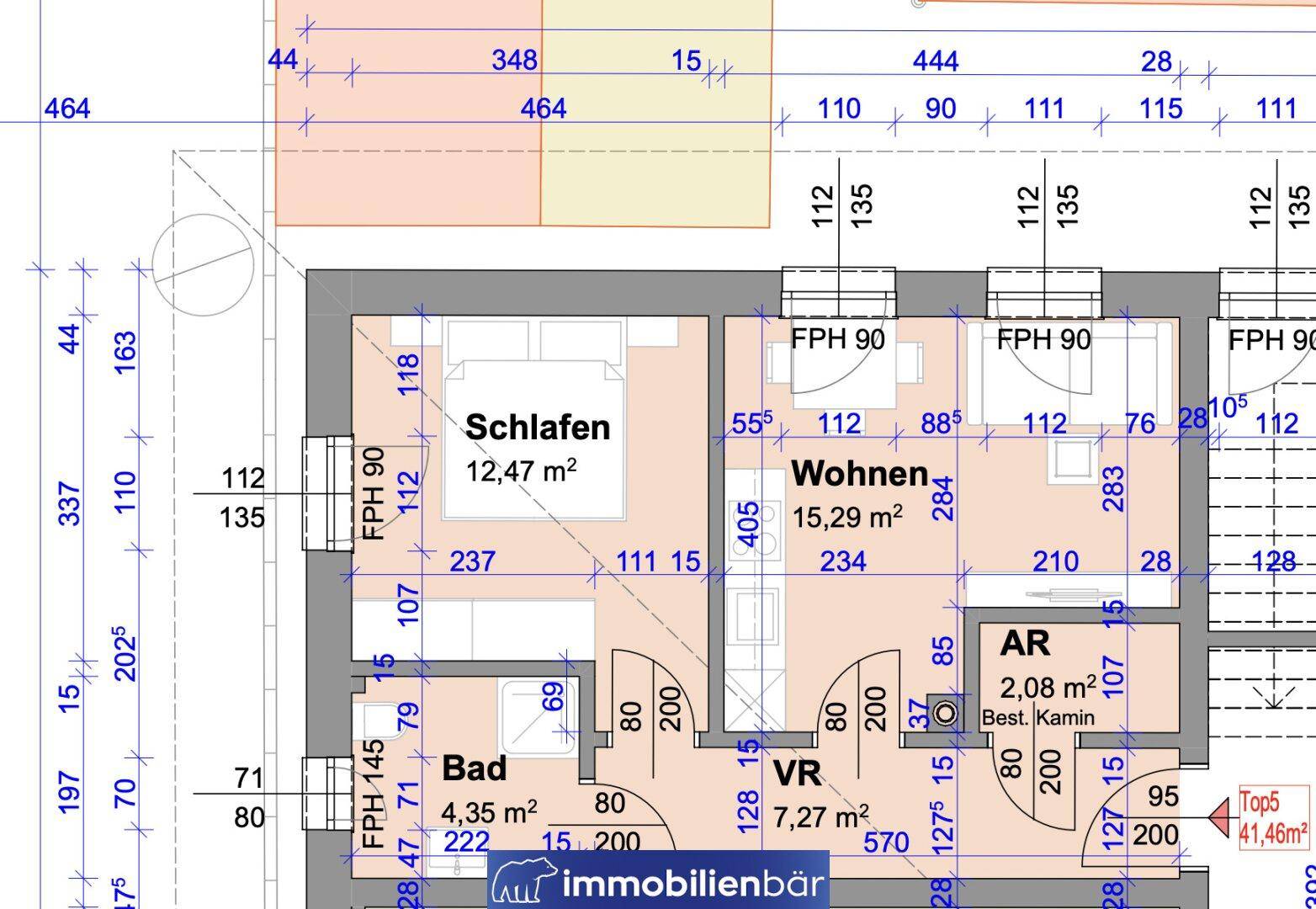 Detaillierter Grundriss einer Wohnung mit Schlafzimmer, Wohnzimmer und Bad.