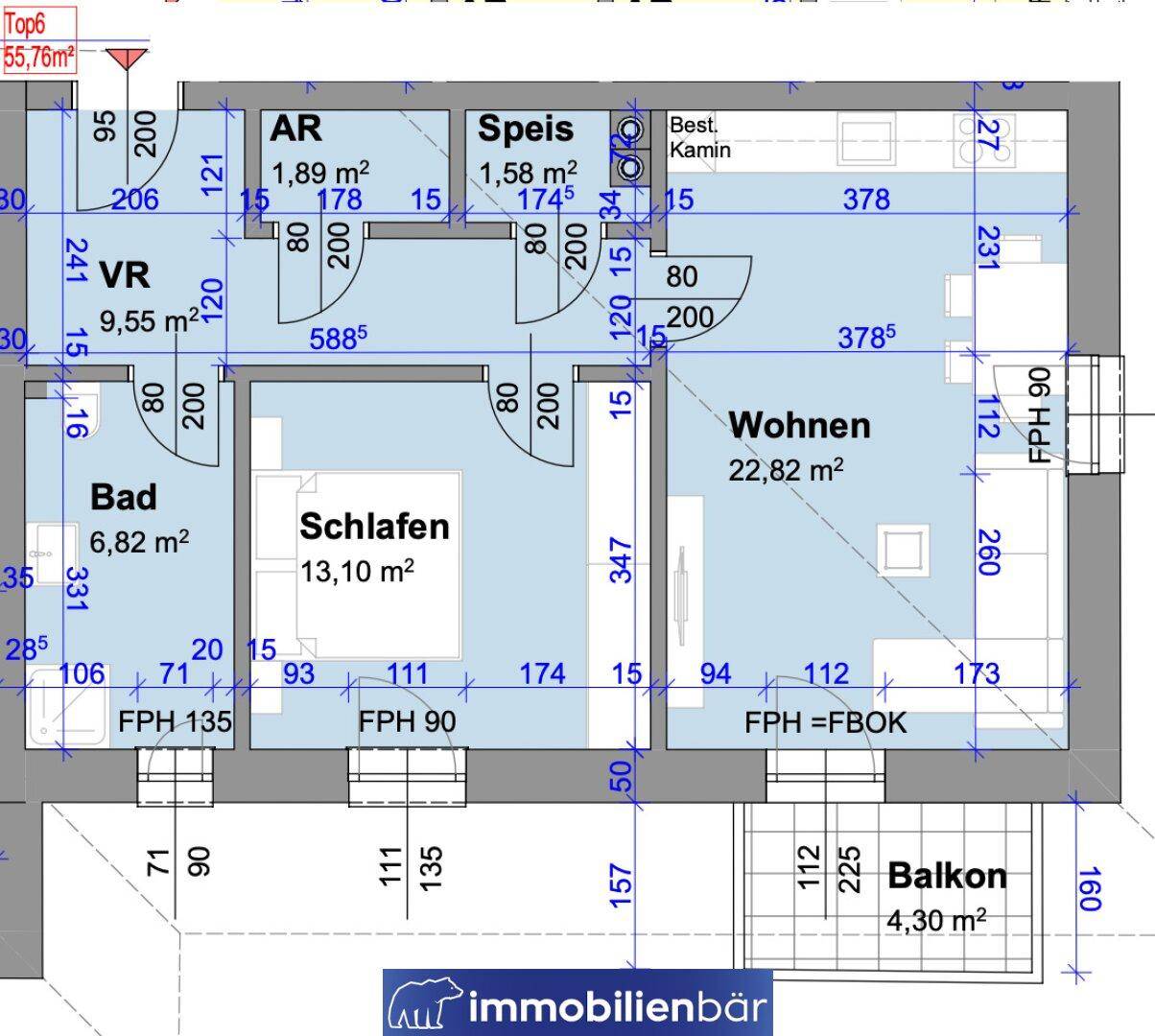 Grundriss einer Wohnung mit Schlafzimmer, Wohnzimmer, Bad, Speisekammer und Balkon.
