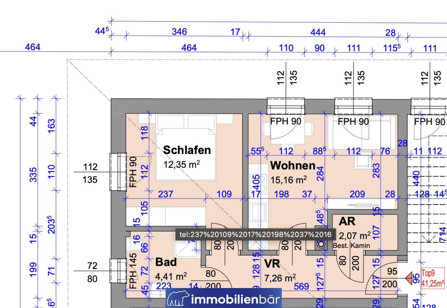 Detaillierter Grundriss einer Wohnung mit Schlafzimmer, Wohnzimmer und Bad.
