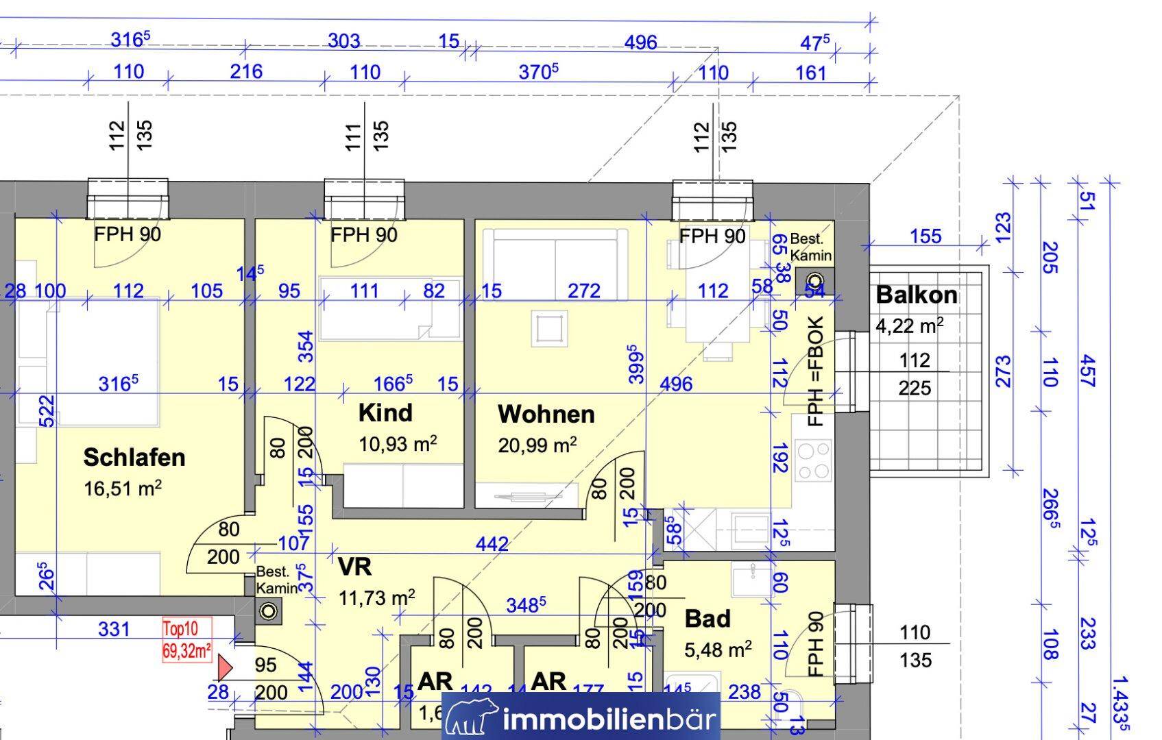 Grundriss einer Wohnung mit Schlafzimmer, Kinderzimmer, Wohnzimmer, Bad und Balkon.