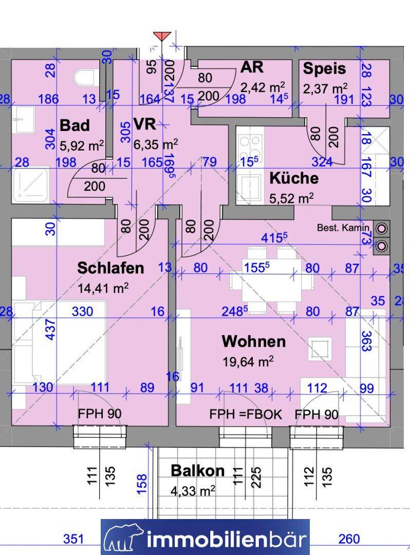 Grundriss einer Wohnung mit Küche, Wohnzimmer, Schlafzimmer, Bad und Balkon.
