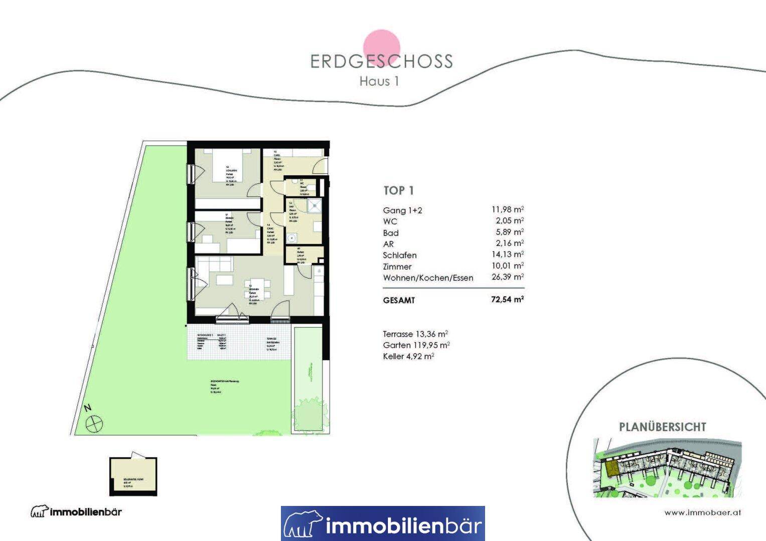 Grundriss für eine Erdgeschosswohnung mit Wohn-/Koch-/Essbereich, Schlafzimmer und Terrasse.