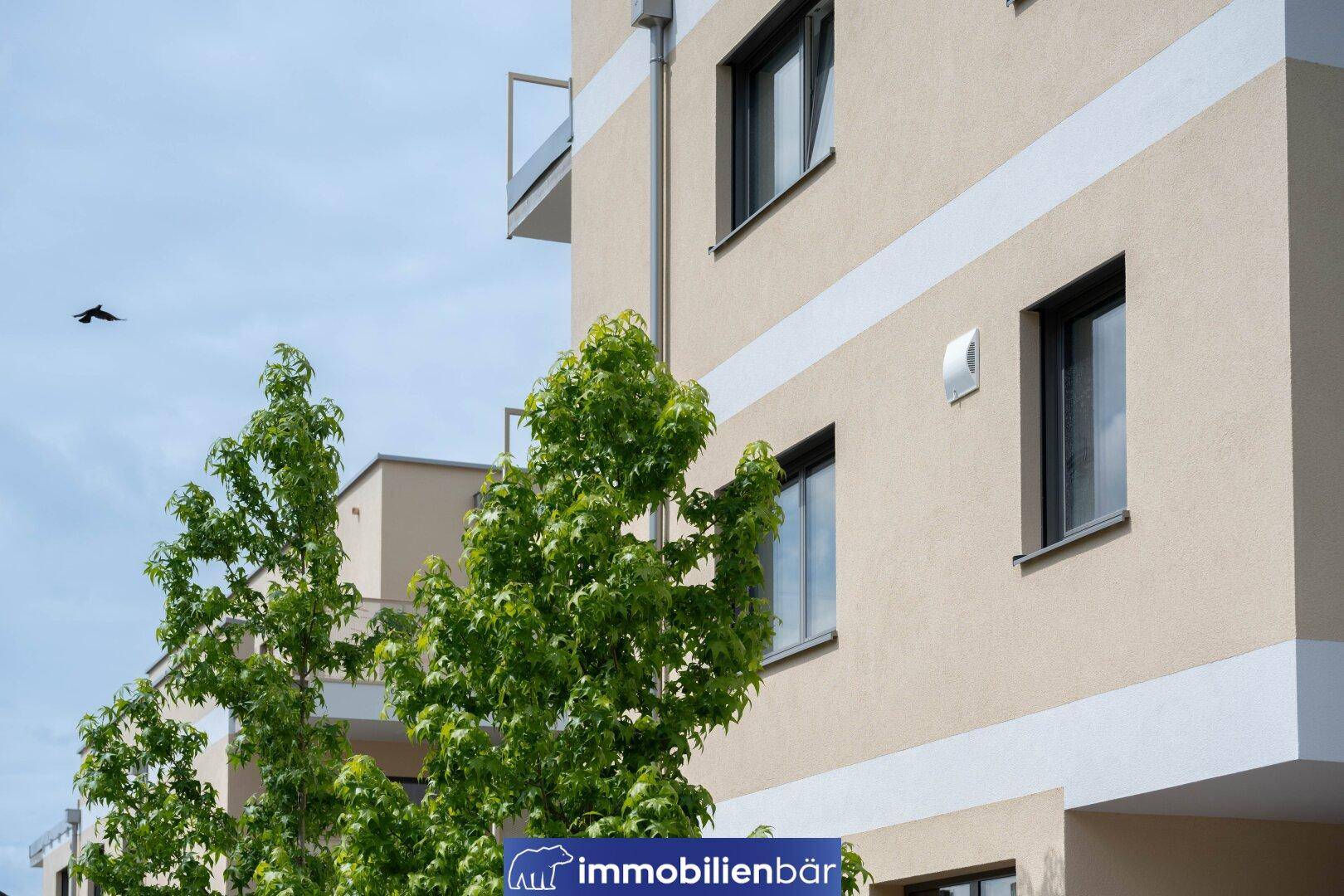 Detailansicht der modernen Fassade des Neubaus mit Fenstern und einem kleinen Balkon, umgeben von Bäumen.