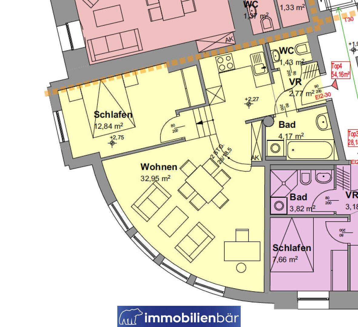 Grundriss einer Wohnung mit Schlafzimmern, offenem Wohnbereich und zwei Bädern.