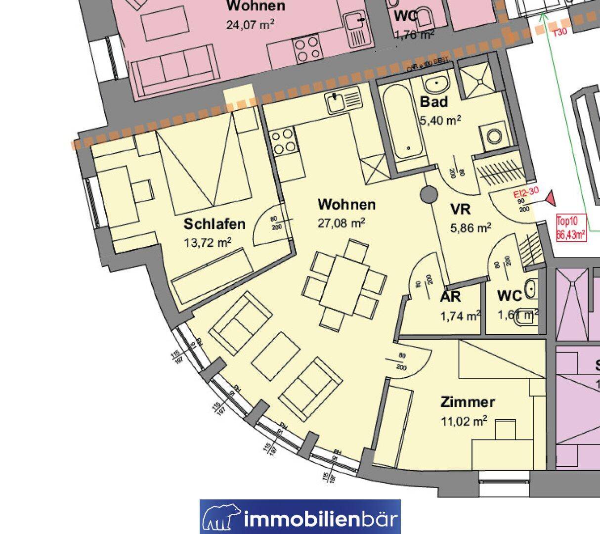 Grundriss einer Wohnung mit offenem Wohnbereich, Schlafzimmer und zusätzlichem Zimmer.