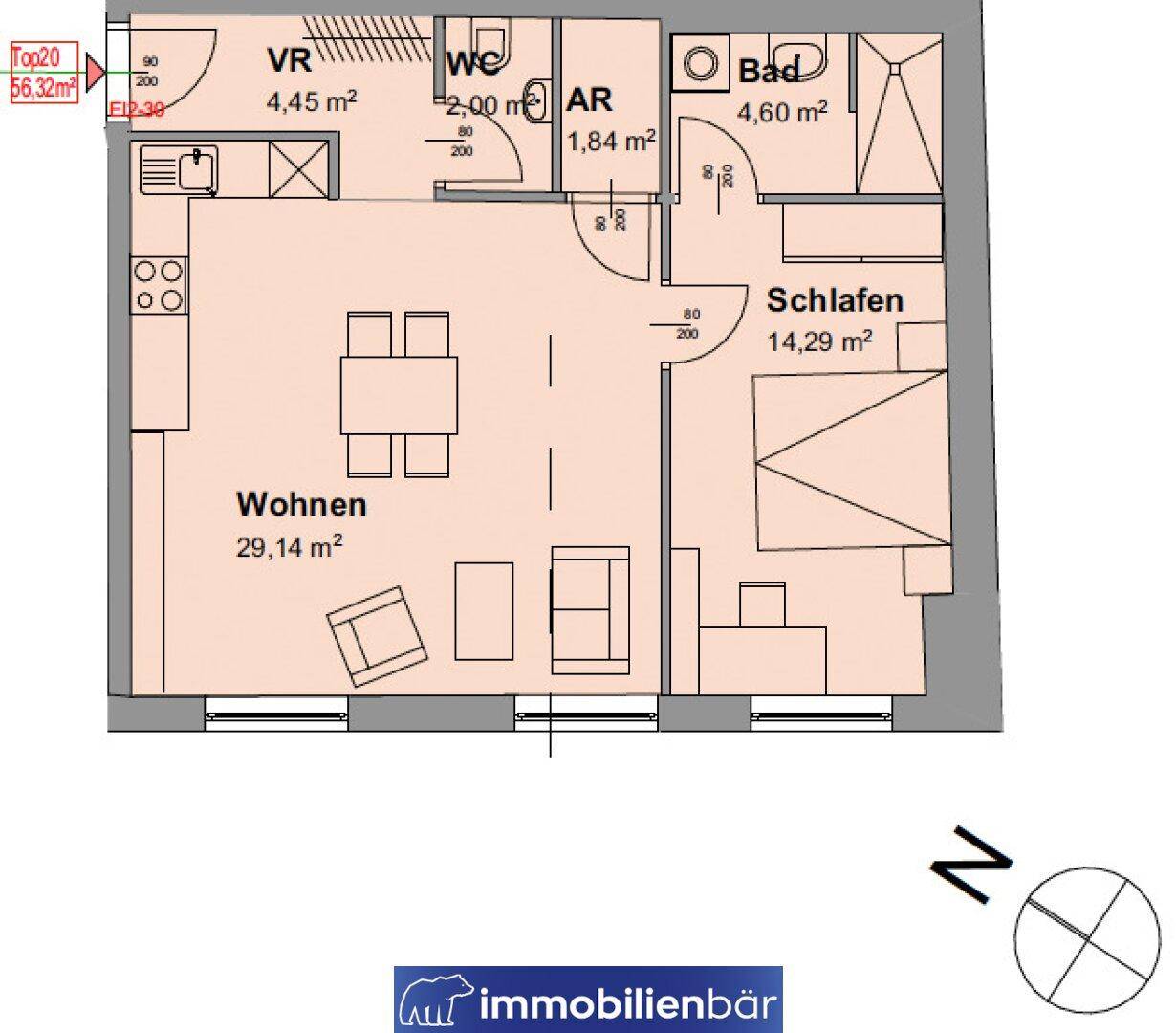 Kompakter Grundriss einer Wohnung mit effizientem Wohnbereich, Schlafzimmer und Bad.