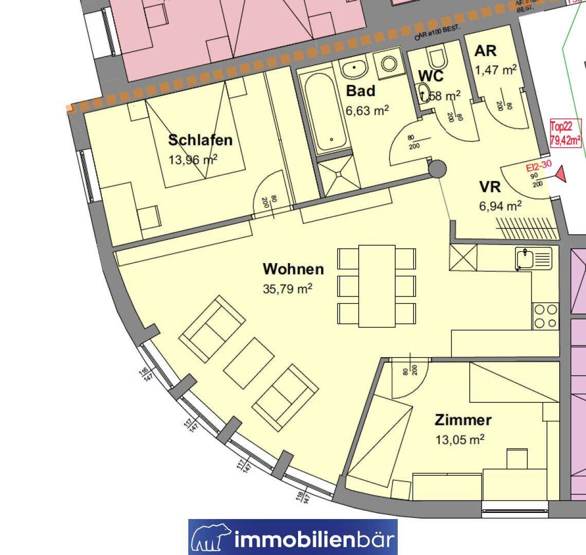 Grundriss einer Wohnung mit großem Wohnbereich, Schlafzimmer und weiterem Zimmer.