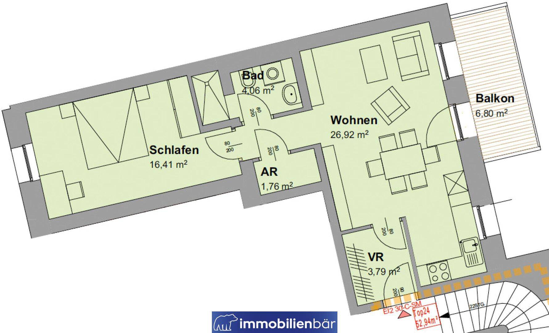 Grundriss einer Wohnung mit Balkon, Schlafzimmer und offenem Wohnbereich.