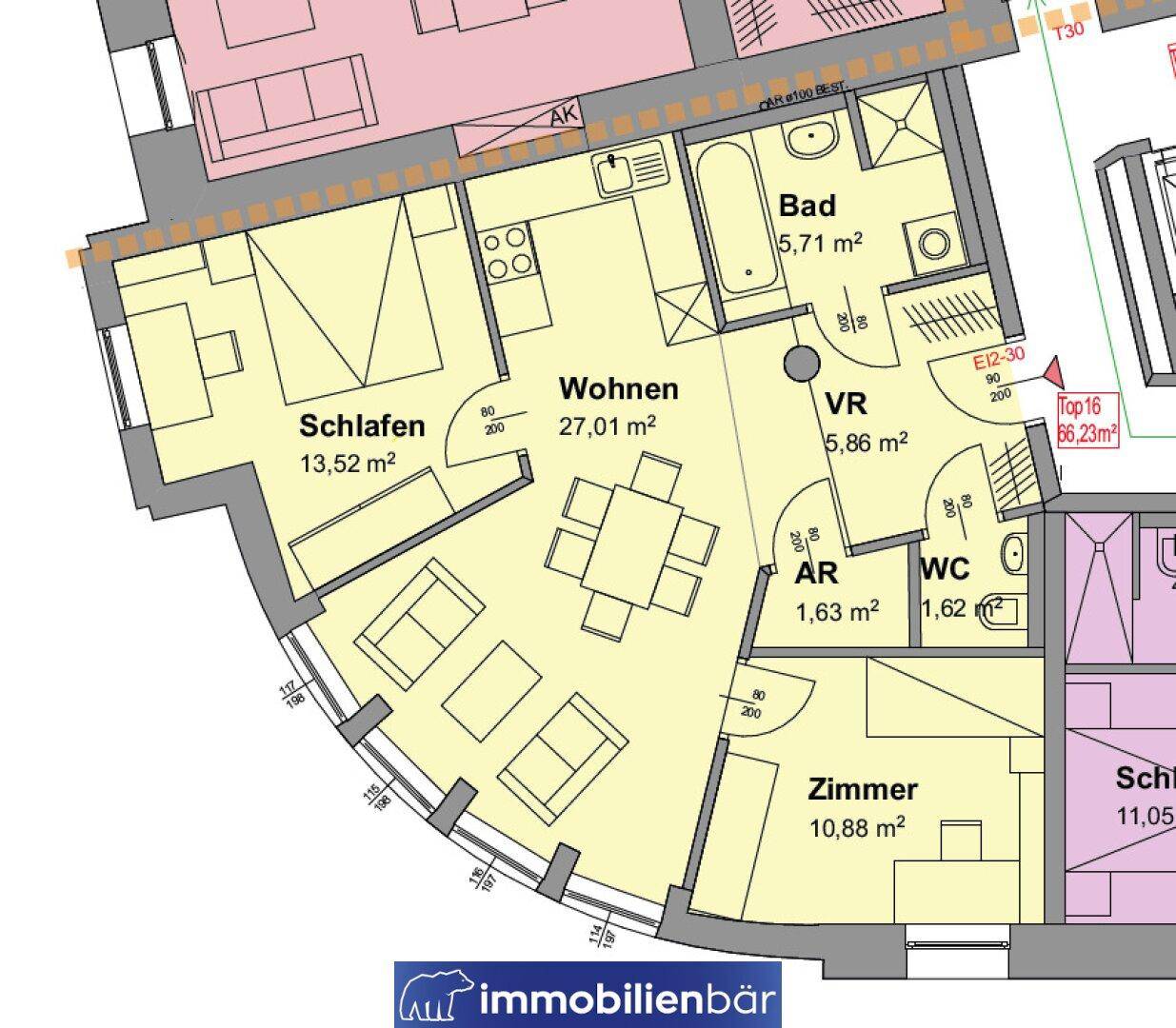 Detaillierter Grundriss der Wohnung mit Wohn-, Schlaf- und Badezimmerbereichen, inklusive Flächenangaben.