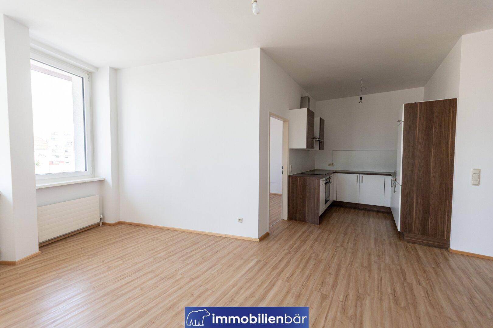 Offener Wohnbereich mit integrierter Küchenzeile und Laminatboden, ideal für modernes Wohnen.