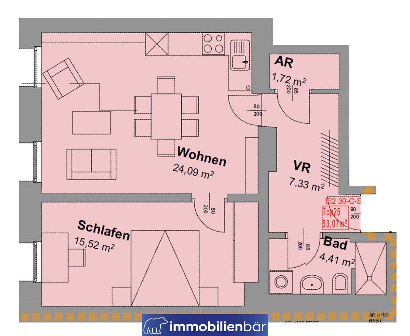 Grundriss einer Wohnung mit Wohn-, Schlafzimmer und separatem Bad, insgesamt 53,07 m².