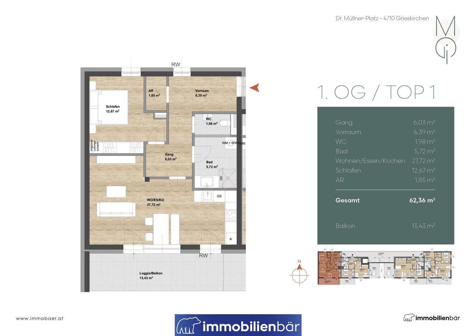 Grundriss einer Wohnung im ersten Obergeschoss mit offenem Wohn-Essbereich, einem Schlafzimmer und Loggia.