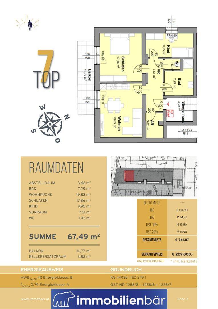 Detaillierter Grundriss mit Raumdaten, Energieausweis und Preisinformationen für Einheit 7.