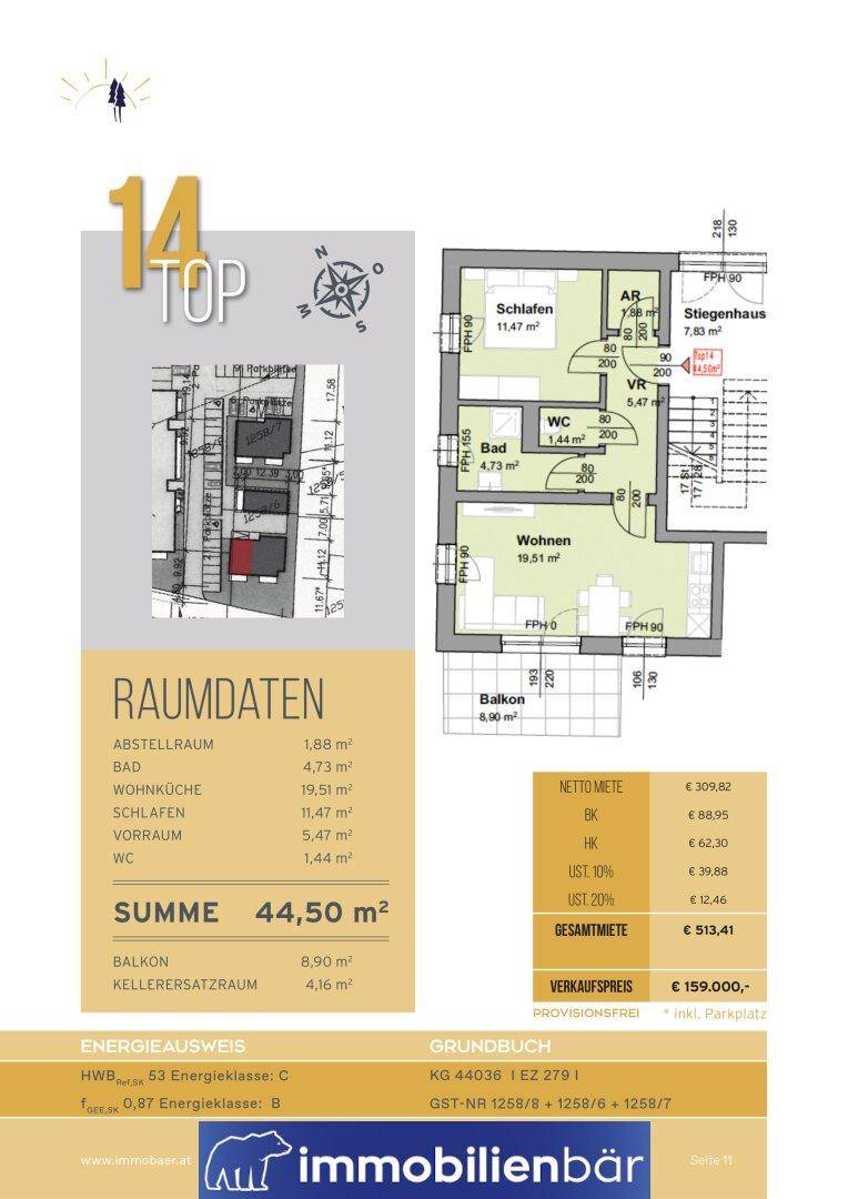Detaillierter Grundriss mit Raumdaten, Energieausweis und Preisinformationen für Einheit 14.